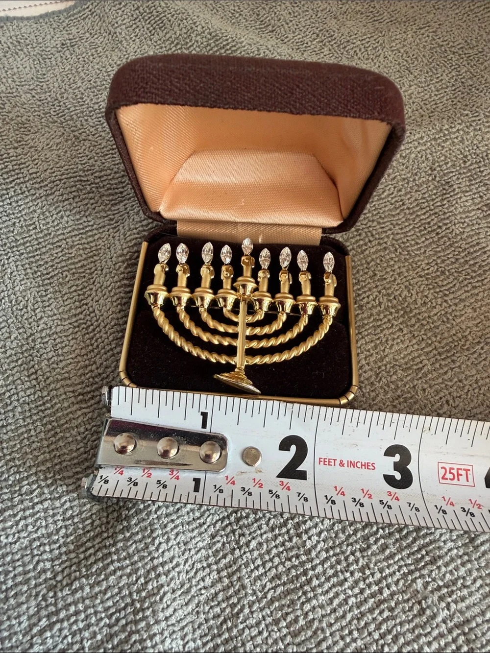 Vintage Gold Menorah Hanukkah Brooch Pin with Crystals & Velvet Box